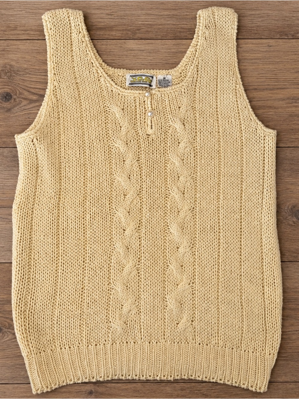Vintage Y2K Yellow Cab Co Cable Knit Sweater Vest Pearl Buttons Butter Yellow